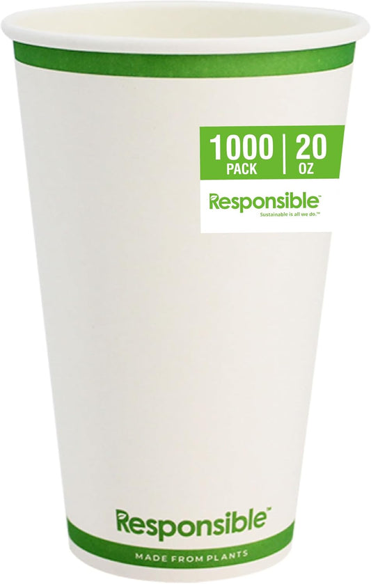 20 oz Paper Hot Cups, Tree-Less™ Compostable Paper Coffee Cups, Extra Strength, Tree-Free and Made Without PFAS, White (1000 Count)