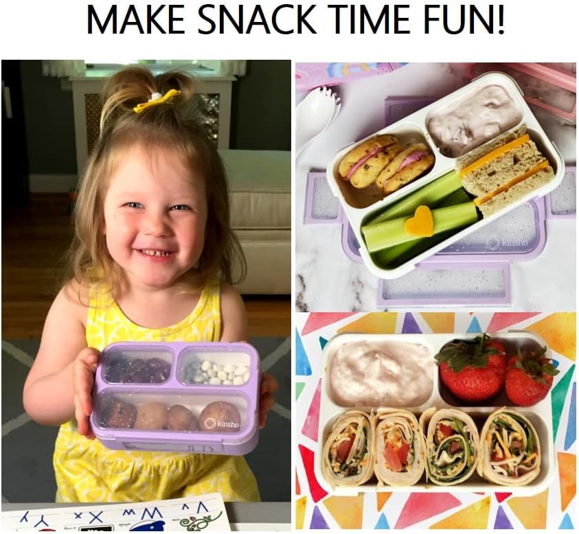 Kids Glitter Snack Container - Mini Bento Lunch-Box, Small Leakproof Container Boxes for Toddlers Girls Snacks Lunches, 3 Compartment - School Daycare Portion Containers, Pink Purple Sparkle Set of 2