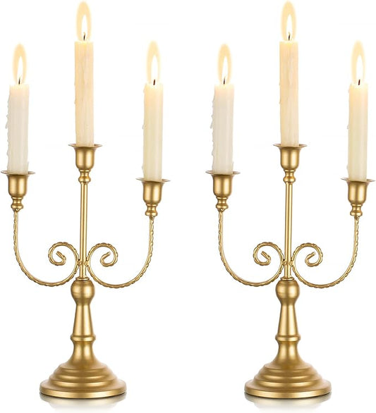 Sziqiqi Gold Taper Candle Holder for Centerpiece - 3-stem Candlesticks Holder for Wedding Table Centerpieces Metal Candle Stick Holders for Fireplace Mantle 2pcs