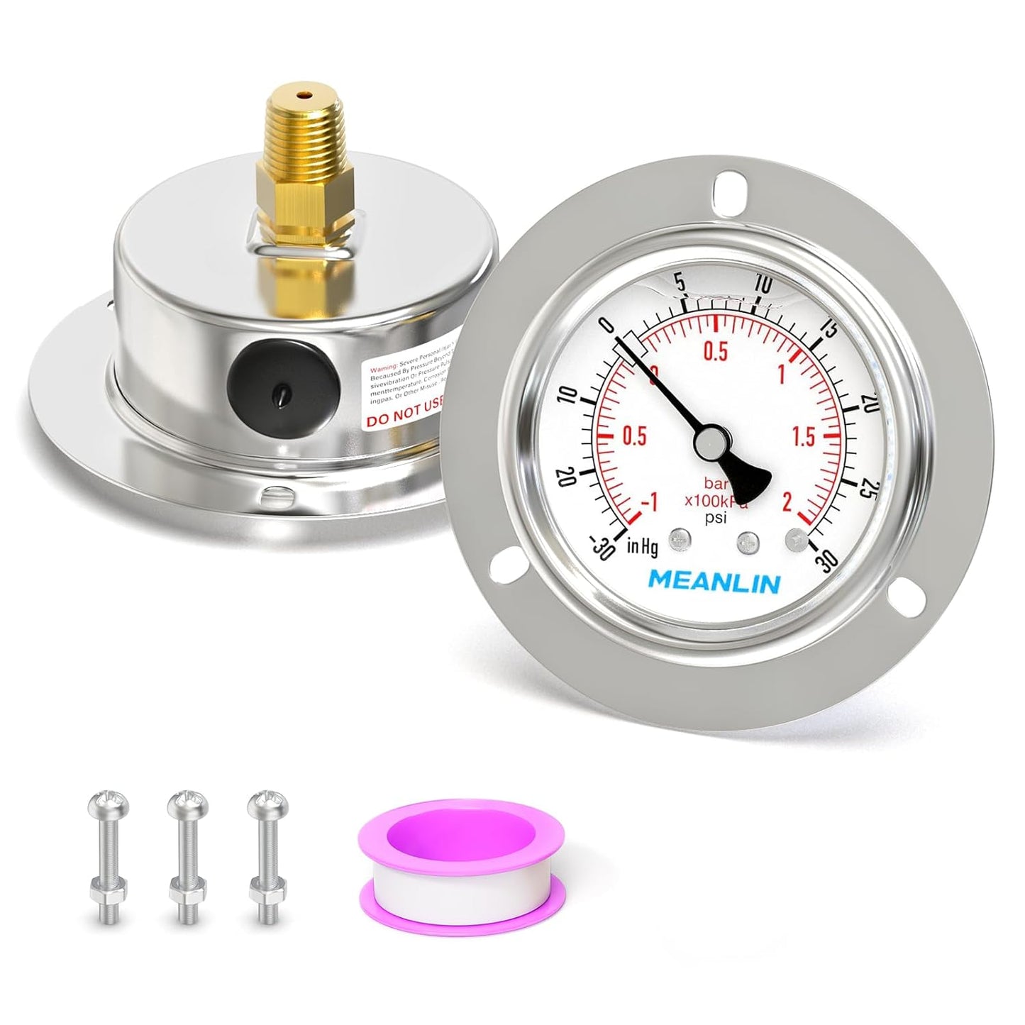 MEANLIN MEASURE -30inHG~30Psi Liquid Filled Pressure Gauge Front Flange Panel Mount, 1/4" NPT 2.5" FACE DIAL Stainless Steel Case with Phillips Screw and Nut, +/-3-2-3%