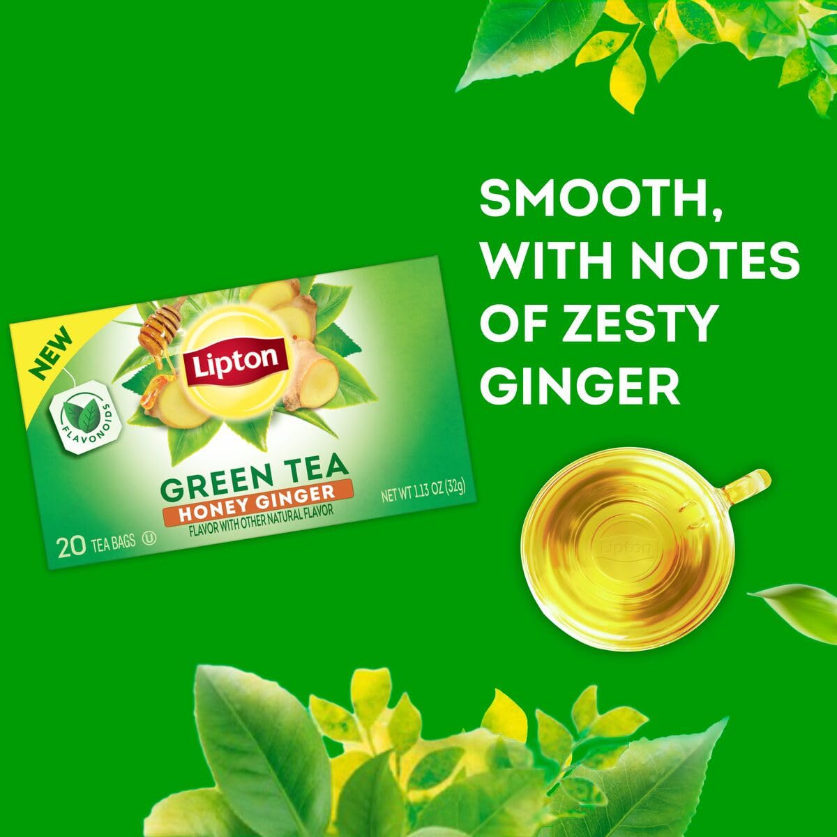Lipton Honey Ginger Green Tea Bags, Flavored, Unsweetened Teabags for Hot Tea or Iced Tea with Caffeine and Flavonoids, 20 Total Tea Bags (Pack of 3)