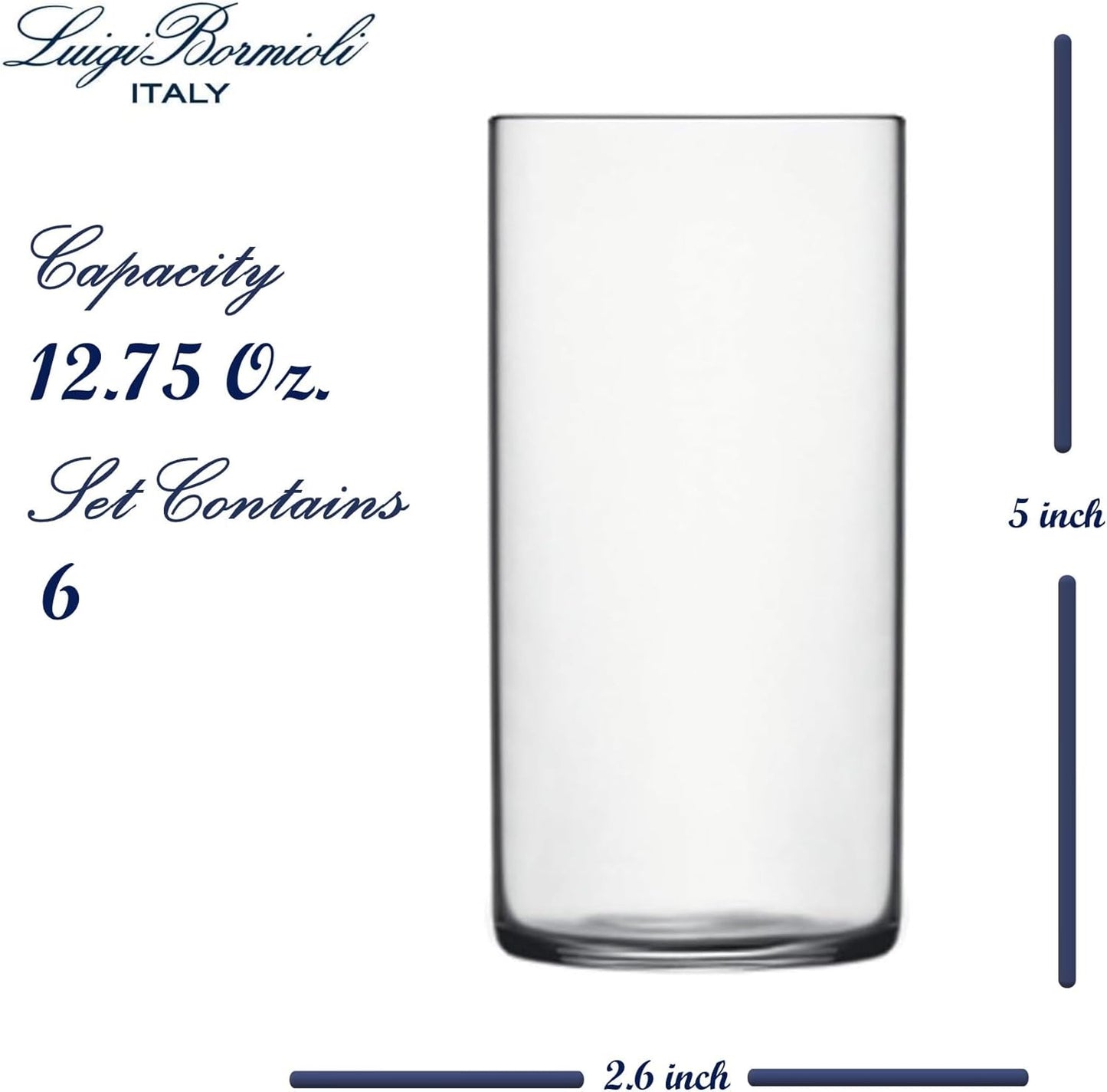 Luigi Bormioli Top Class 11.75 oz Highball Glasses, Set of 6 - Italian Tall Drinking Glasses for Cocktails, Water, Juice - Durable Lead-Free Crystal Drinkware with Reinforced Rims, Modern Glassware