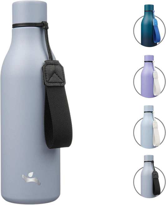 Insulated Water Bottle with Strap,18 oz Double Wall Stainless Steel Vacuum Bottles Metal Water Flask,Grey Blue