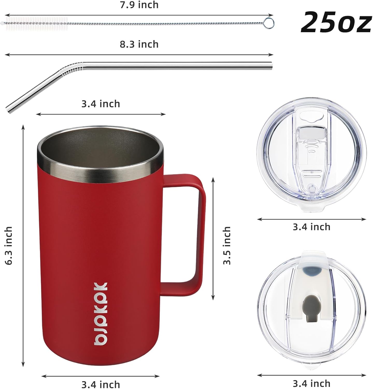 BJPKPK Insulated Coffee Mug with 2 Lids, 25oz Stainless Steel Insulated Tumbler with Handle, Double Wall Vacuum Coffee Cups, BPA Free Travel Mug for Coffee, Tea and Drinks, Red