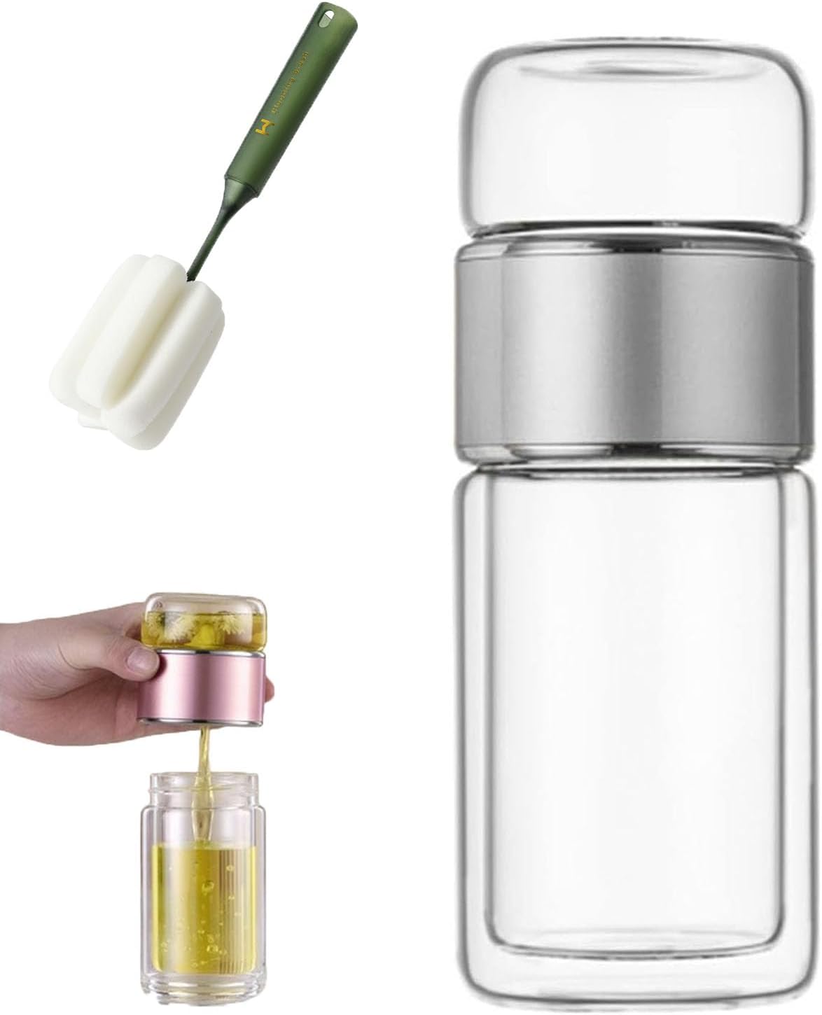 QUROXO 2025 New Tryteava Glass Infuser, Teava 3-In-1 Smart Tea Infuser with Cup Brush, Double-Layer Borosilicate Glass Tryteava Tea infusers Separation Cup (Silver, 420ml (14oz))