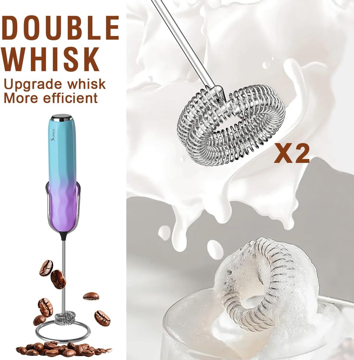 SUPRUS Ultra Fast Handheld Milk Frother Double Whisk with Stand 2 Batteries Stainless Steel for Lattes Cappuccino Matcha Hot Chocolate Coffee Bar Accessories Kitchen Gadgets Gift