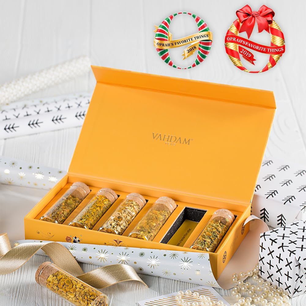 VAHDAM, Limited Edition - Turmeric Herbal Wellness Tea Gift Set - 6 Oprah's Favourite Turmeric Herbal Blends in Gift Box | Gluten Free, Non GMO | Gifts for Him/Her | Tea Gifts for Men & Women
