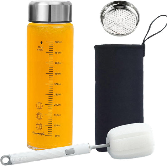 Glass Juice Bottles 20 oz - Wide Mouth Glass Water Bottles with Lids and Sleeve- for Juicing, Smoothies, Milk, Protein, Reusable, Stainless Steel Lids, Leak Proof, Shaker bottle (20oz/600ml)