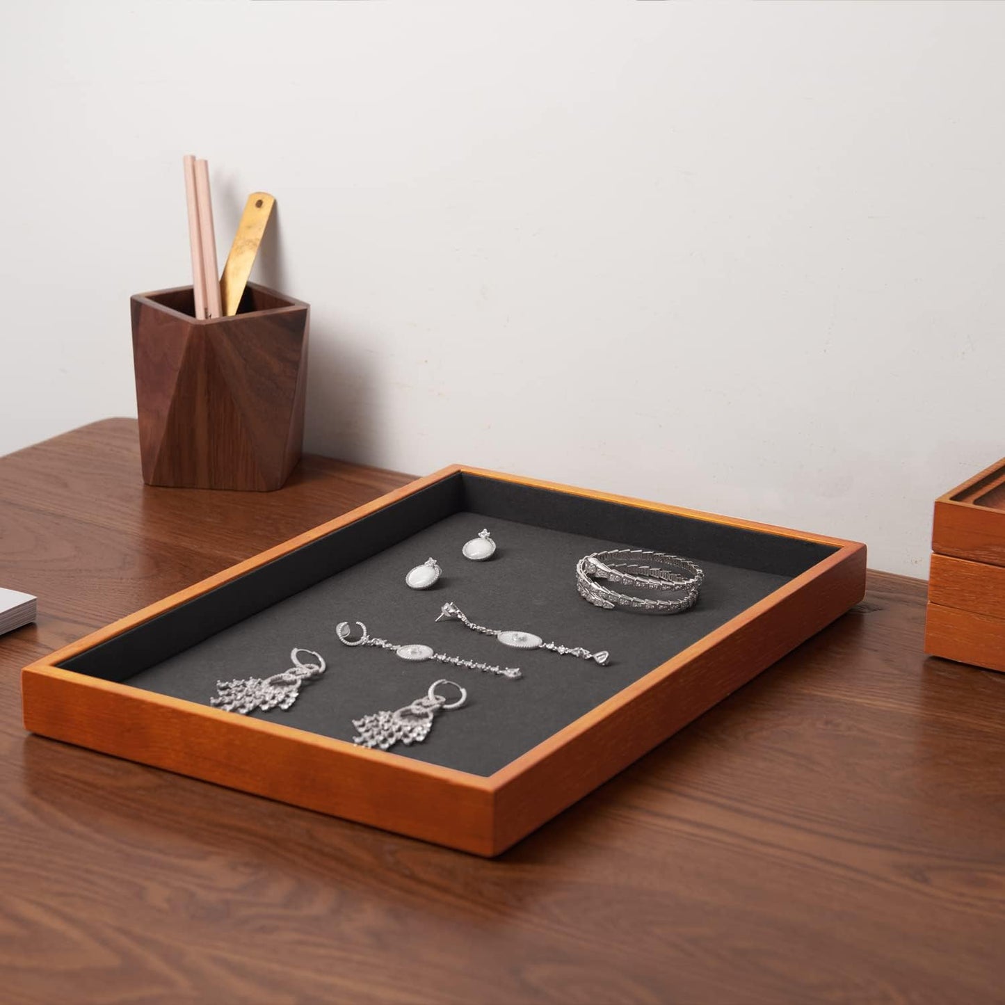 Oirlv Wood Flat Jewelry Tray Stackable Jewelry Drawer Organizer Showcase Jewelry Holder(Grey)