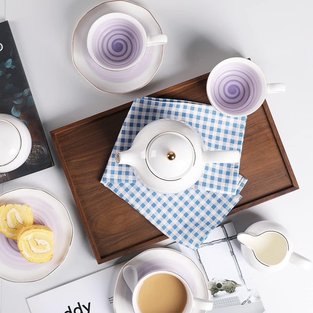 Sweejar Porcelain Tea Sets, 8 OZ Cups & Saucer Service for 4, Teapot Sugar Bowl Cream Pitcher Teaspoons and Tea Strainer for Adult Tea Coffee Afternoon Party (Purple)