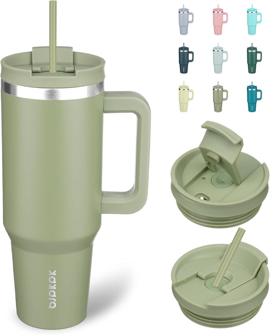 BJPKPK 40 oz Insulated Tumbler With Lid And Straw Stainless Steel Tumblers Cup With Handle For Women And Men,Sage