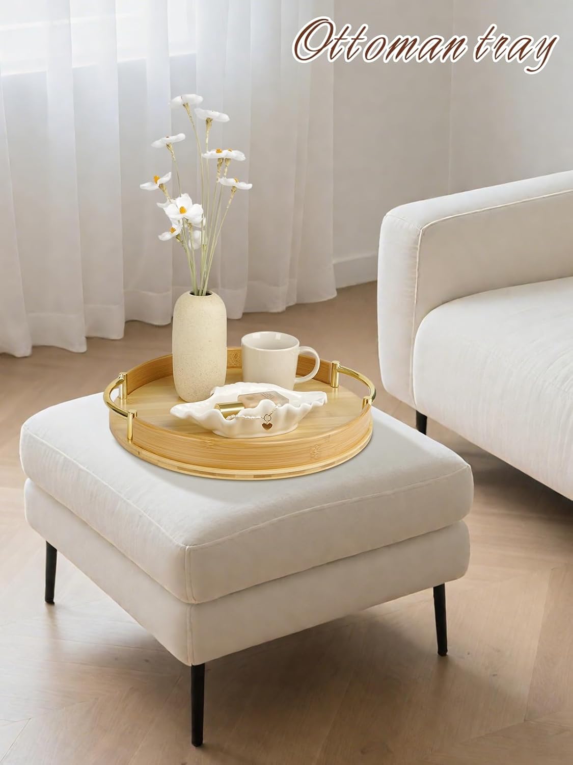 JUPELI 14″ Round Bamboo Serving Tray with Handles – Decorative Tray, Breakfast Tray, Coffee Table Tray, Ottoman Tray, Kitchen Platter for Drinks, Snacks, Vanity, Home Decor & Gifts