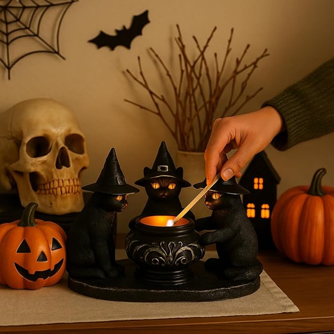 Halloween Black Cat Candle Holder, Cute Halloween Table Decor & Mantel Decoration (Black)