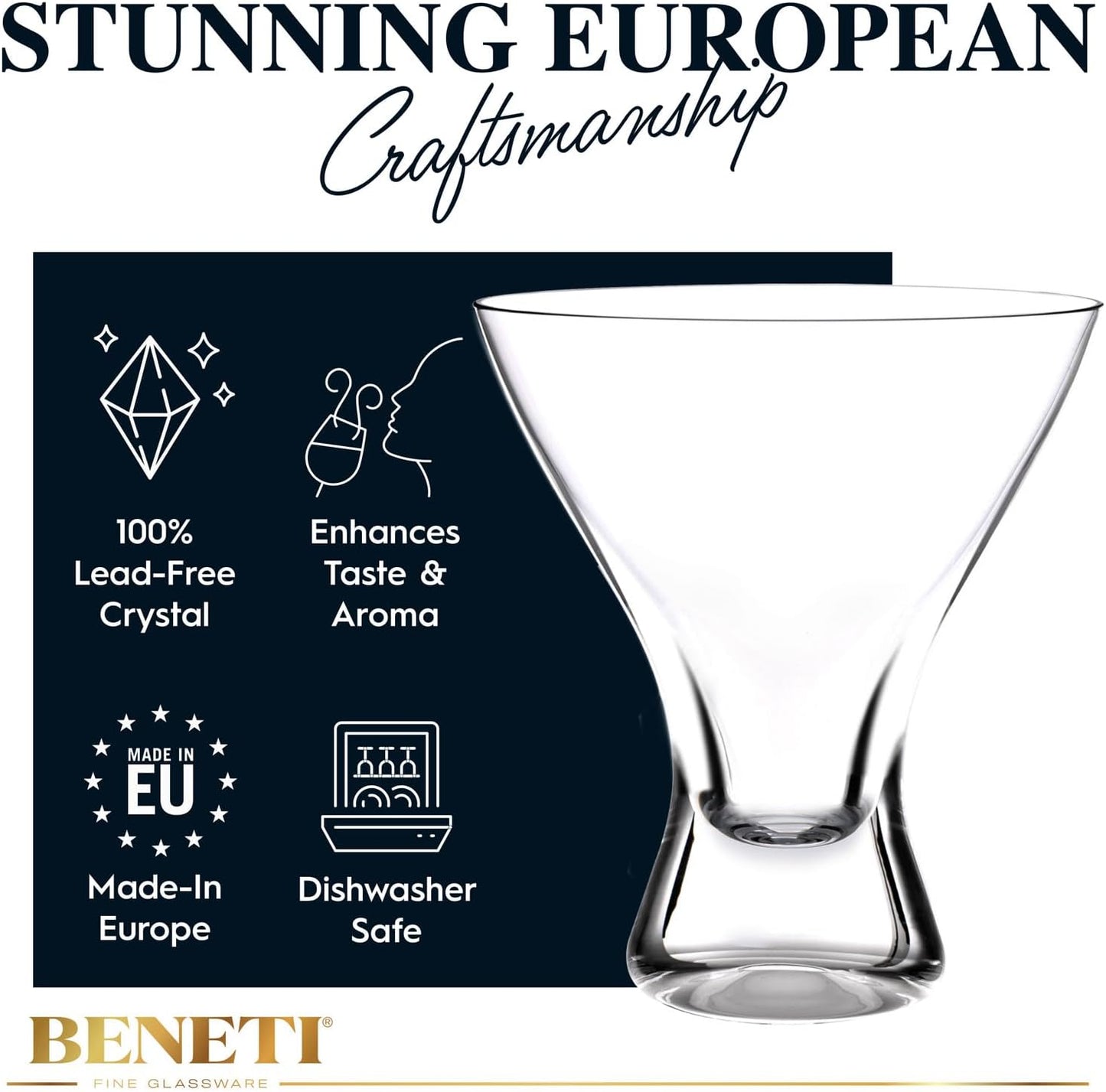 BENETI Martini Glasses Set of 4 | Made in Europe | 8oz Clear Stemless Cocktail Bar Drinking Glassware Set for Parties (4 Pack)