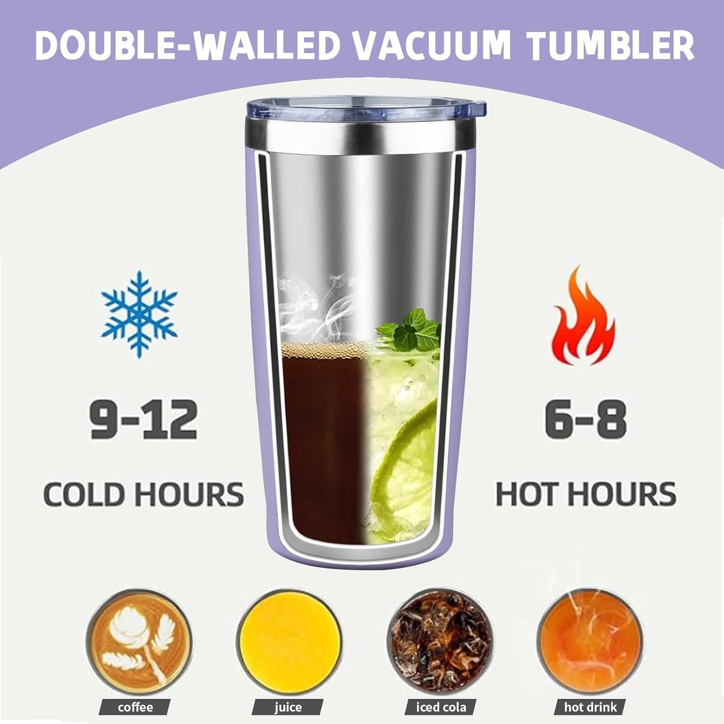 20 oz Tumbler with Lids and Straws, Stainless Steel Insulated Coffee Tumbler, Double Wall Vacuum Insulated Travel Mug Cup, Leakproof Thermal Coffee Cup for Hot and Cold Drinks (light purple)
