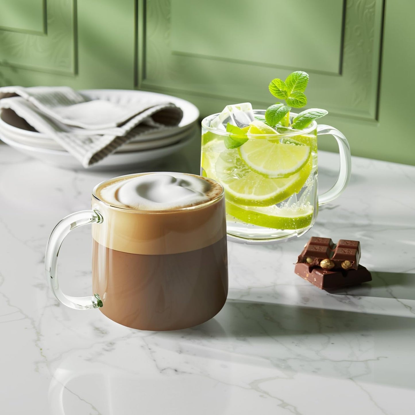 Aquach 20 oz Large Glass Coffee Mugs with Handle Set of 2 - Clear Glass Cups for Latte, Cappuccino, and Tea