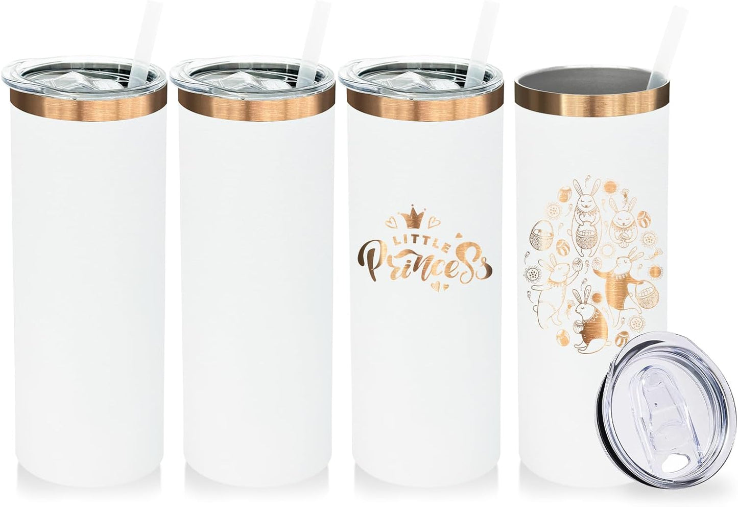 20 oz Skinny Tumblers Bulk 4 Pack, Stainless Steel Insulated Tumbler with Lids and Straws, Slim Double Wall Powder Coated Travel Coffee Mugs Reusable Cup for Hot Cold Drinks (White,4 pack)