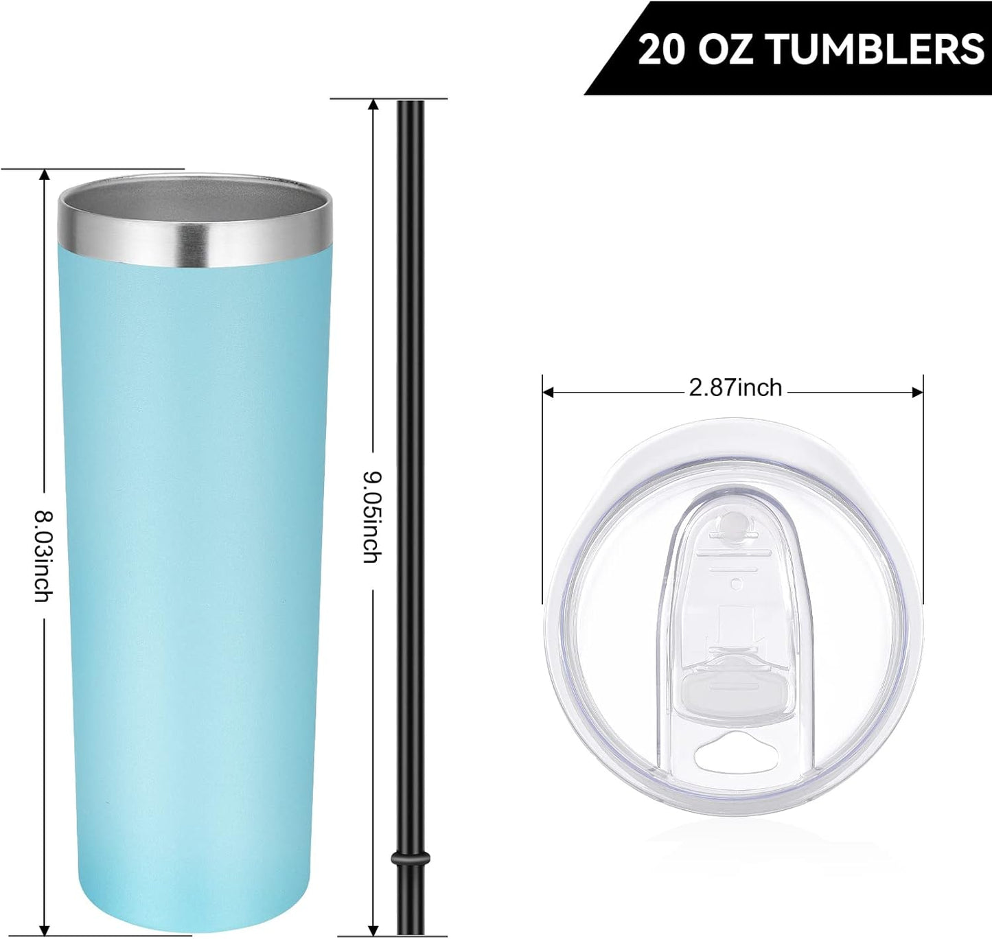 VEGOND Stainless Steel Tumblers Bulk 12 Pack, 20 oz Vacuum Insulated Skinny Tumblers with Lids and Straws, Double Wall Coffee Mug, Travel Water Cup, Blue