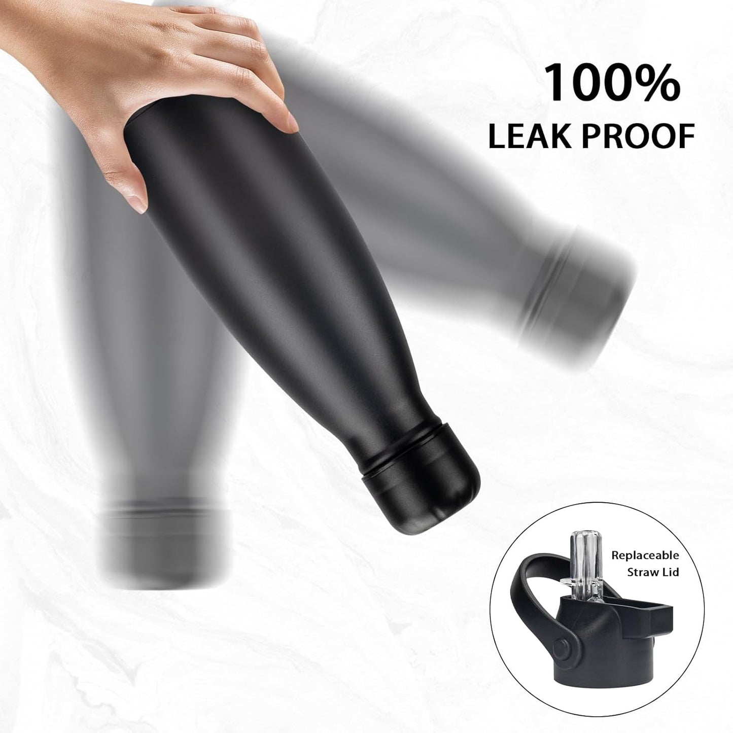 Insulated Water Bottle, 2 Pack-12oz Stainless Steel Water Bottles with straw lid, Metal Sports Water Bottles for Boys,Girls, Double Wall Vacuum BPA-Free Flask for School,Sports & Travel-Black