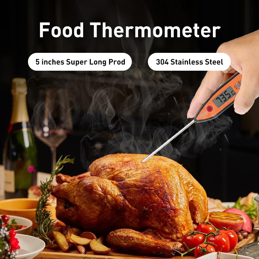 Wisebee Digital Meat Thermometer, Instant Read, ℃/℉ Switch, Long Stainless Steel Probe, Battery Powered, Food Thermometer for Cooking, Baking, Steak, Grilling and Frying (Orange)