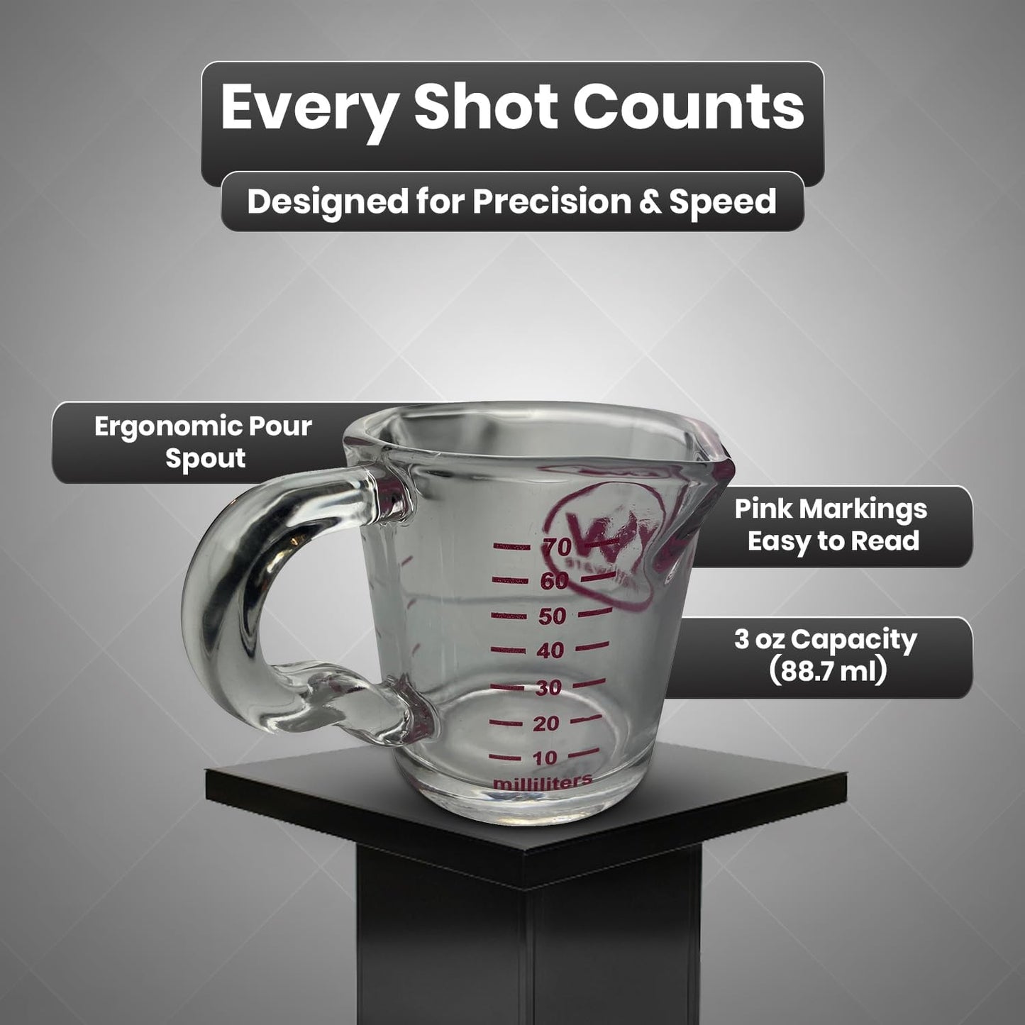 Rattleware 3 oz Espresso Shot Glass Pitcher with Handle & Pink Volume Marking - Genuine Barista Measuring Cup with ML & OZ Graduations - Durable Swift Espresso for Pouring Shots & Coffee