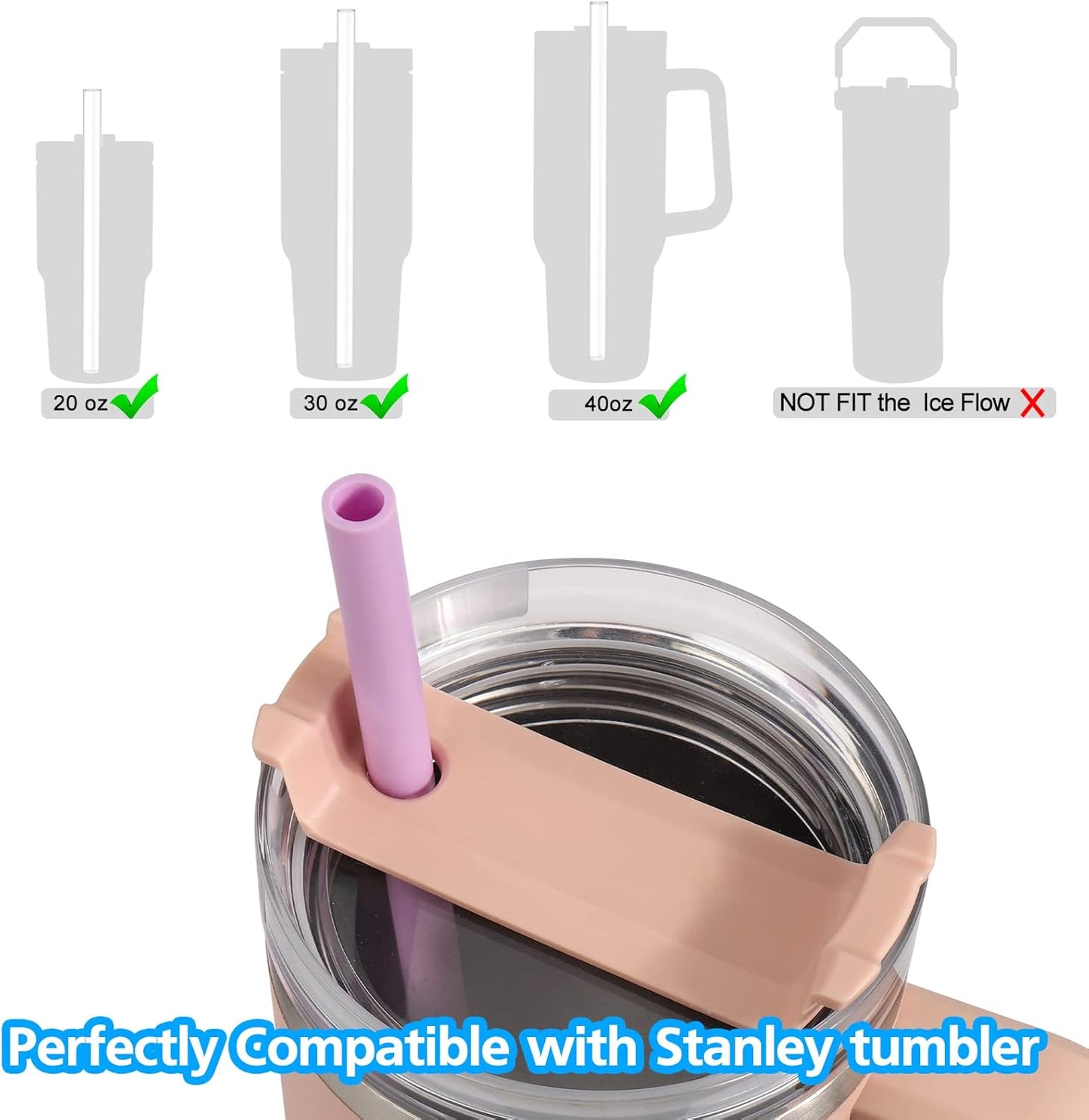 AIERSA 6 Pack Pastel Colors Straw for 40oz Stanley Cup with Handle,Reusable Silicone Straws Compatible Stanley 20 30 40oz Tumbler,Long Straw with Cleaning Brush for Stanley Cup Accessories