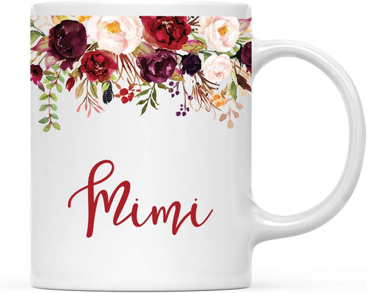 Andaz Press 11oz. Mother's Day Ceramic Coffee Tea Mug Gift, Fall Autumn Marsala Burgundy Flowers Roses Florals, Mimi, 1-Pack, Includes Gift Box, Birthday Christmas Gift Ideas