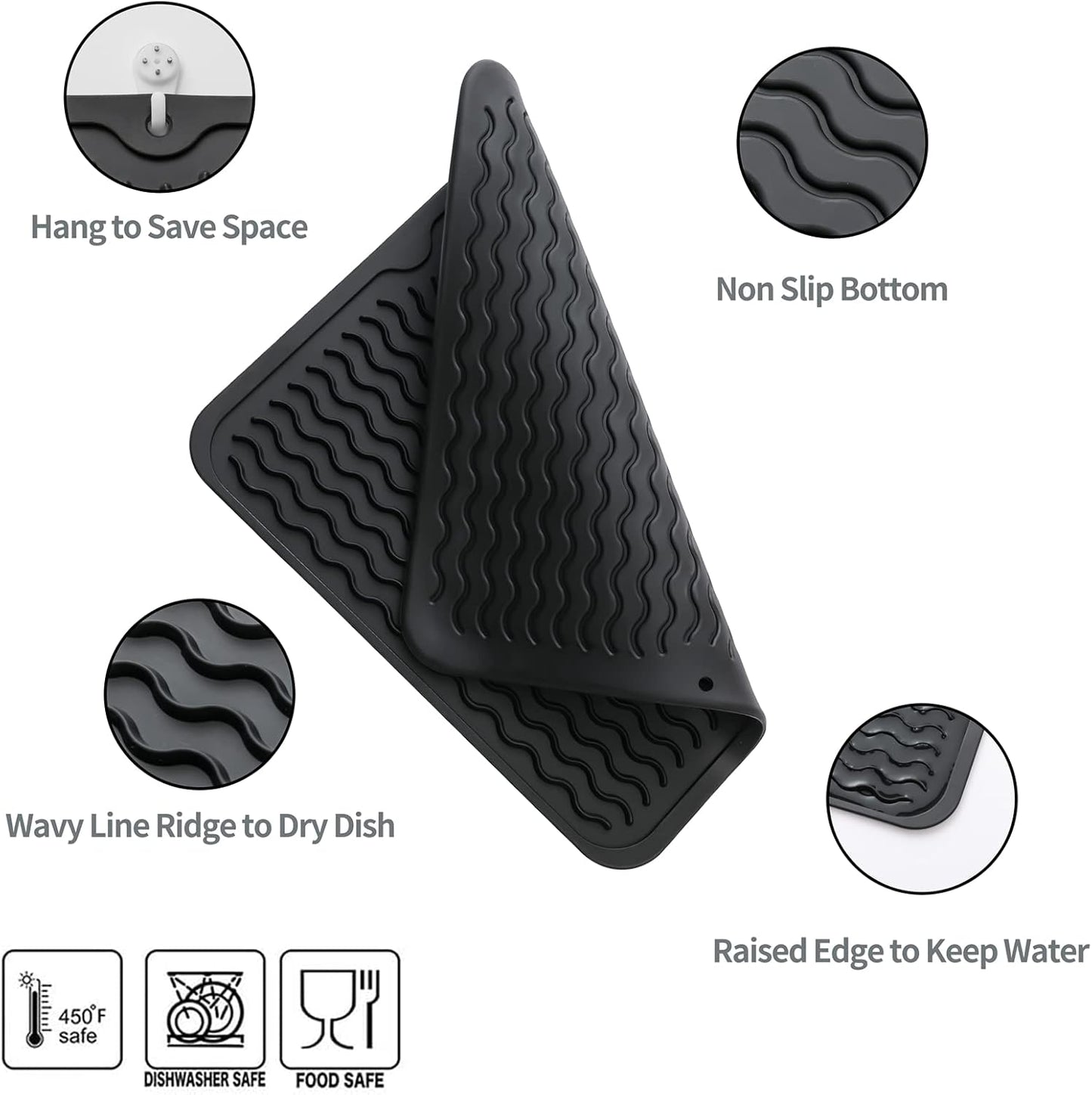 Silicone Dish Drying Mat for Multiple Usage,Easy clean,Eco-friendly,Heat-resistant Silicone Mat for Kitchen Counter or Sink,Refrigerator or Drawer liner Black M 12 inches x 12 inches