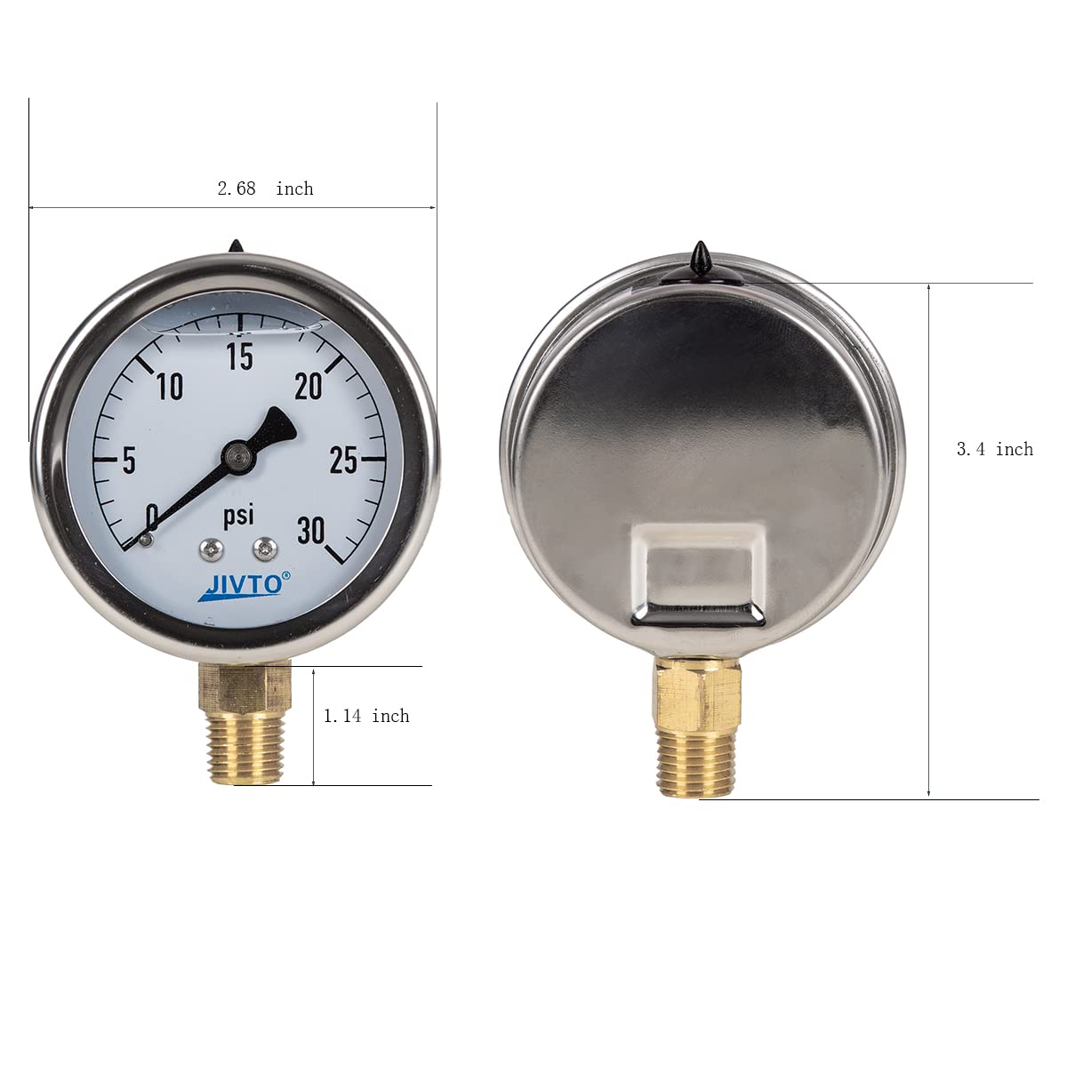Pressure Gauge,Glycerin Liquid Filled,2.5" Dia,0-30 psi(Single Scale),1/4" NPT Brass Connection,Lower Mount, Stainless Steel Case,for Pneumatic,Pump,Hose,Well Tank,Gas Air Water Oil