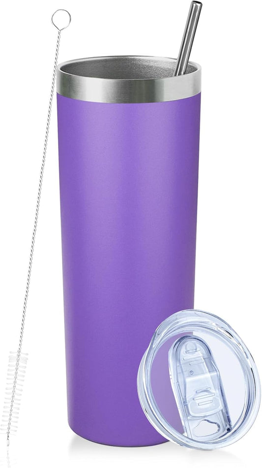 20 oz Skinny Tumbler with Lid and Straw,Stainless Steel Vacuum Insulated Tumbler Cup Double Wall Leak-proof Coffee Mug,Travel Thermal Water Tumbler for Home,Office,Outdoor (Purple,1)