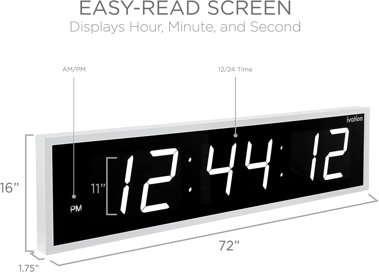Ivation Huge Oversized 72" Large Digital LED Clock | Big Digital Clock w/Multi-Function Display – Stopwatch, Timer, Alarms, Temp & Date | 6 Brightness Levels, Time Memory & Remote (White)