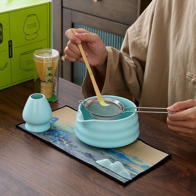 Matcha Set Matcha Whisk Matcha Bowl With Water Ladle Matcha Whisk Holder Tea Making Kit.Japanese Tea Set(7pcs)+1Spoon，Celadon Blue gift set