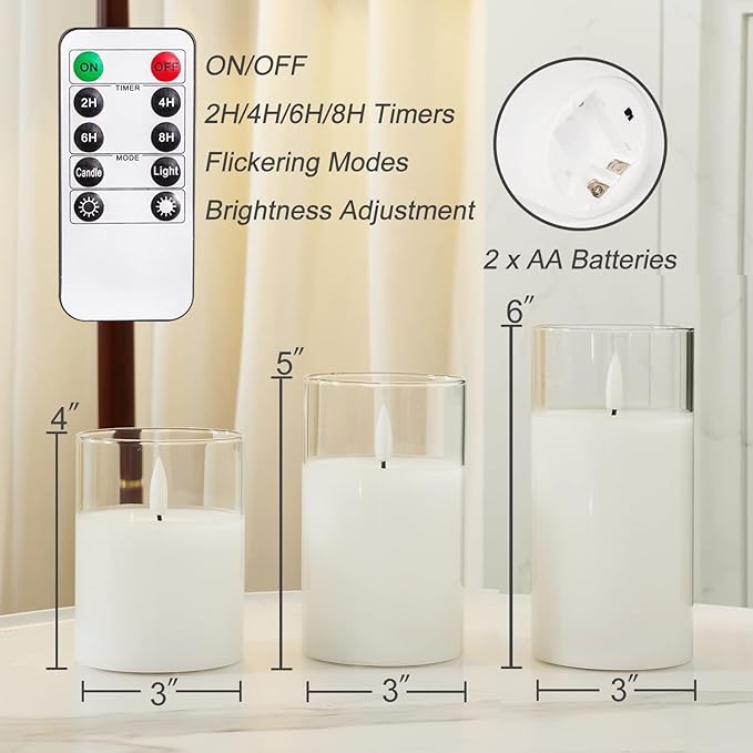 Homemory Clear Glass Flameless Candles, Pure White Wax Battery Operated Candles, LED Pillar Candles with Remote Control and Timers, D3 H4 5" 6", Set of 3