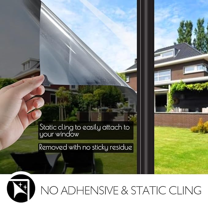 HIDBEA One Way Privacy Window Film, Daytime Mirror Reflective Heat Control UV Sun Blocking Non-Adhesive Static Cling Window Tint for Home and Office(Black-Silver, 55.1 Inch x 16.4 Feet)