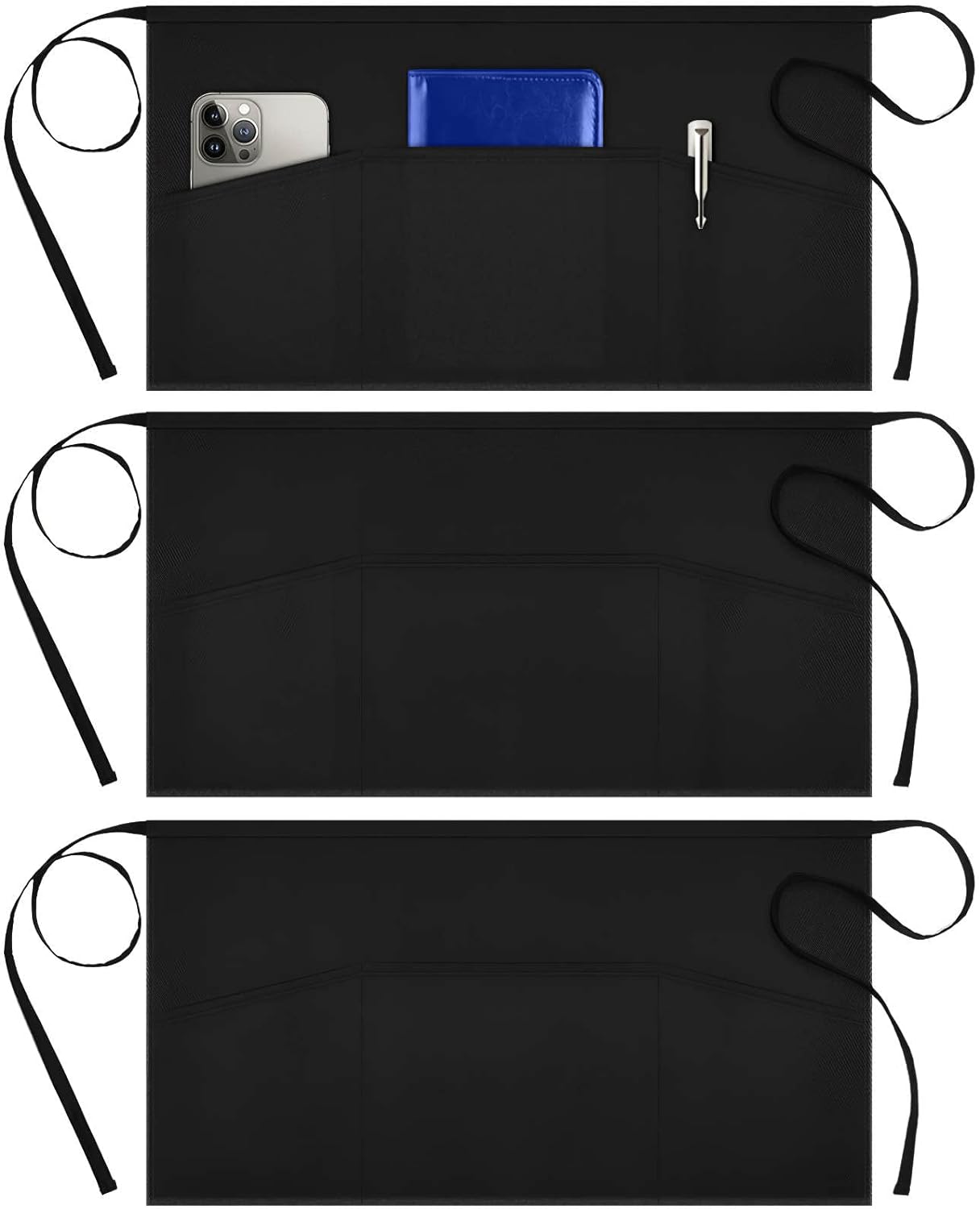 Syntus 3 Pack Server Aprons with 3 Pockets, Waterdrop Resistant Waitress Waiter Waist Apron, 11.5-inch Black