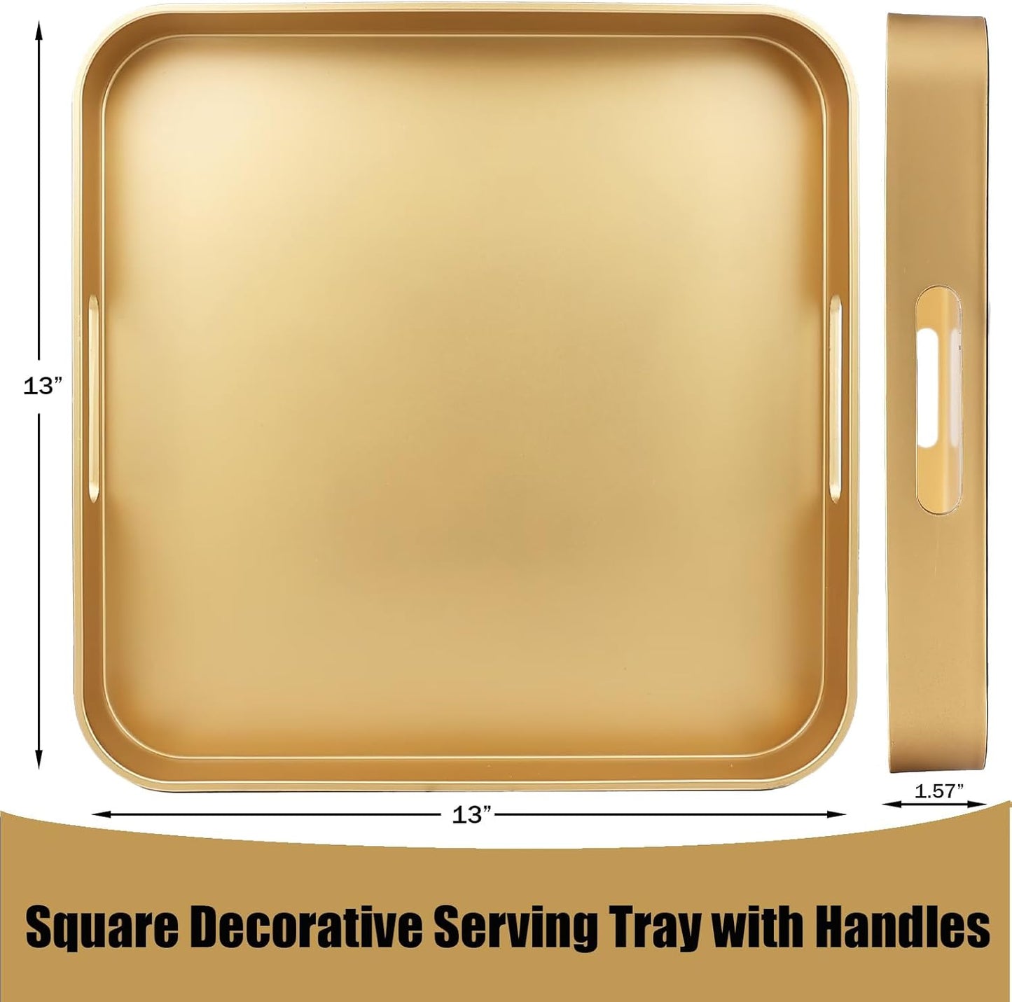 Gold Square Decorative Tray with Handles, 13"*13" Versatile Serving Tray for Coffee Table, Ottoman, Ideal for Serving, Displaying, Organizing