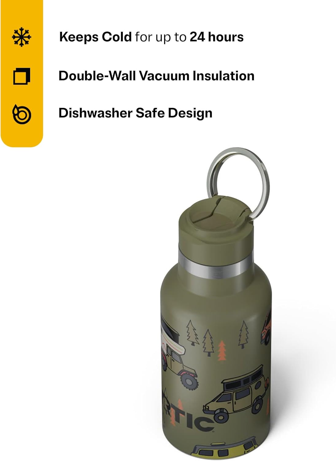 RTIC Little Journey Bottle with Straw, Insulated, Stainless Steel, Metal, Double Wall Vacuum-Insulation, Ceramic-Lined, Leak-Proof Lid, BPA-Free Water Flask for Sports, Travel, Happy Camper