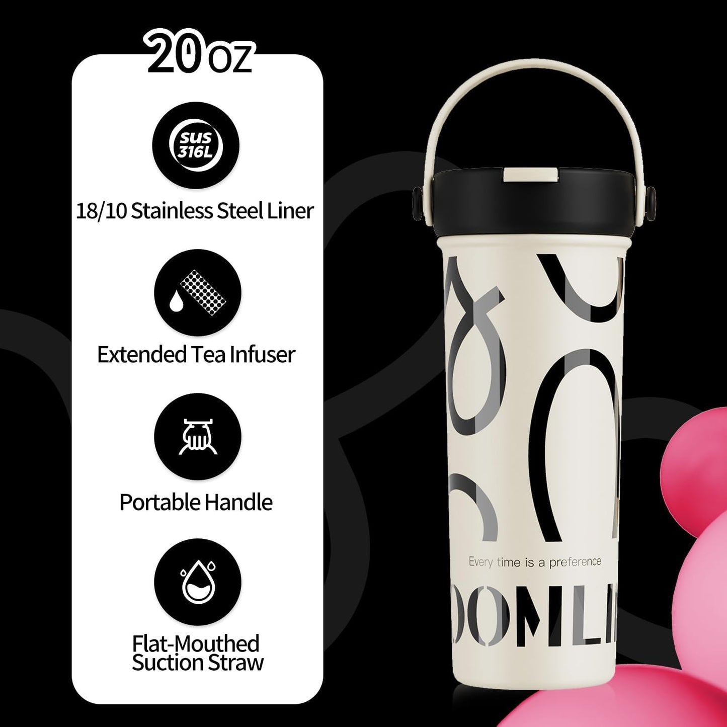 GOOM 20 oz Spill Proof Tumbler with Lid and Straw, Top Handle, Extended Tea Infuser, 6-Layer Insulation 18/10 Stainless Steel, Christmas Gifts for Mom Women Man Her, Teacher Gifts - White