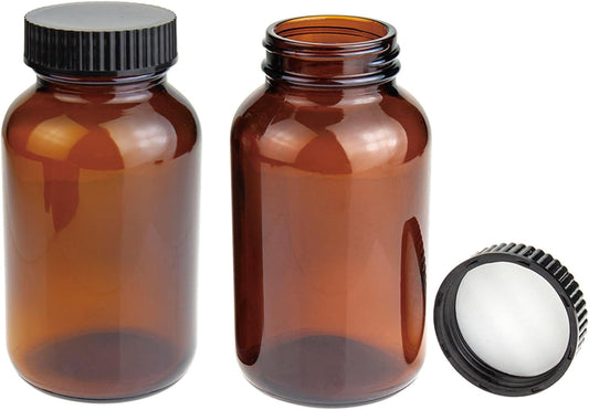 Wide Mouth Packer Bottle, Amber Glass, 250 ML (8.3 OZ) Capacity with 45-400 Black Polyethylene Screw Cap Lined PE Septa, Package of 24 Units