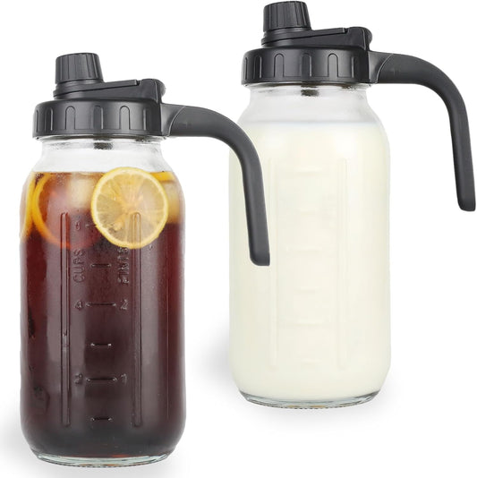 Glass Mason Jar Pitcher with Lid - 2 Quart (64 oz) Wide Mouth Water Jug, Set of 2 - BPA-free, Leak Proof - Sun & Iced Tea Pitcher, Cold Brew Coffee, Breast Milk Storage, Juice, Drink