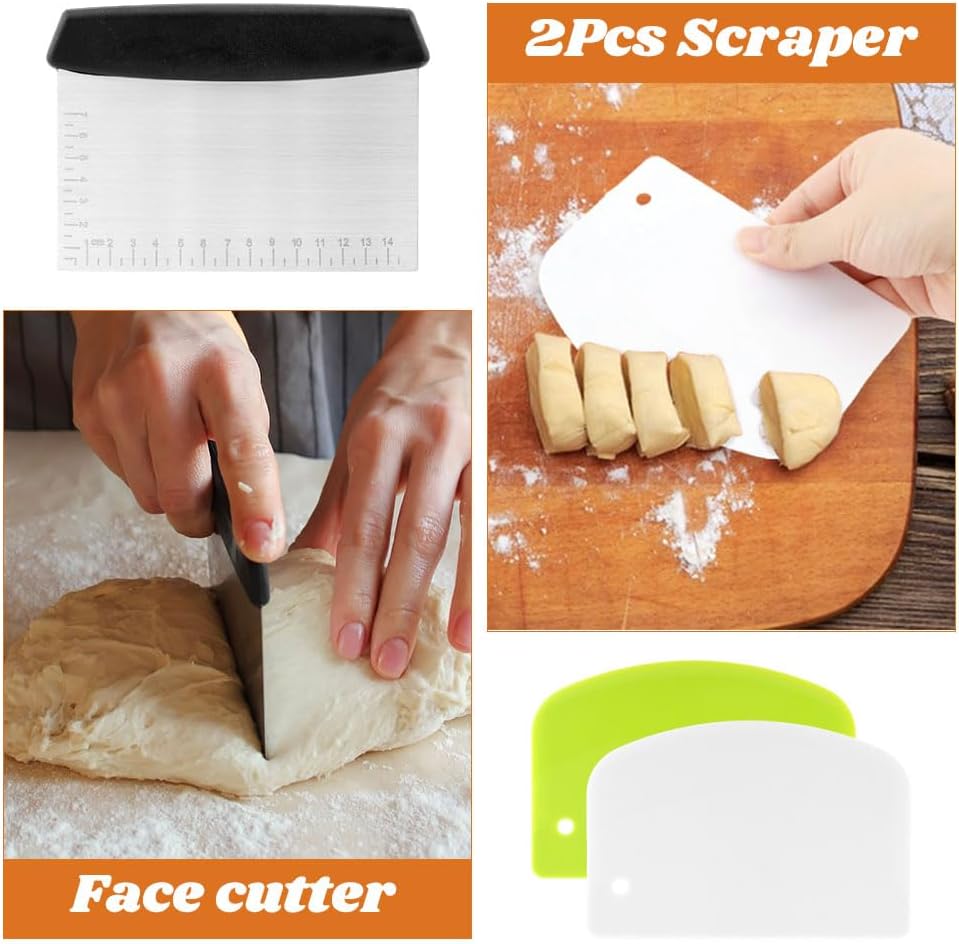 Danish Dough Whisk with Sourdough Scoring Tool, Bread Making Tools Baking Supplies, Dough Hook Dutch Whisk, Bread Lame, Bench Scraper & Pastry Brush, Set of 6(6pcs,COLOR:silver)