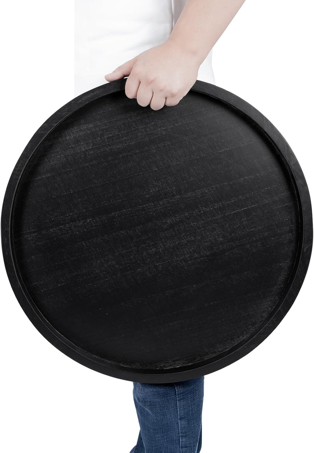 Round Ottoman Tray for Coffee Table Living Room Wood Serving Tray Large Wooden 20 Inches Black