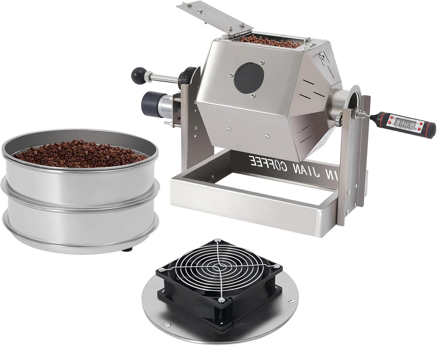 3.8L/3.45QT Coffee Roaster, Stainless Steel Coffee Bean Roaster with Cooler, 6 & 40 Mesh Sieves, Speed Controller, Thermometer, Drum Type Nuts Baker for Home and Commercial Use