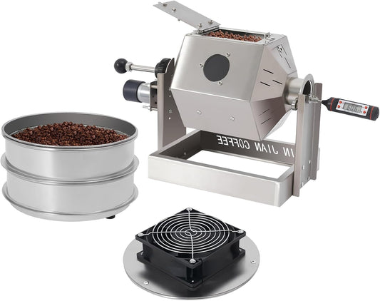 3.8L/3.45QT Coffee Roaster, Stainless Steel Coffee Bean Roaster with Cooler, 6 & 40 Mesh Sieves, Speed Controller, Thermometer, Drum Type Nuts Baker for Home and Commercial Use