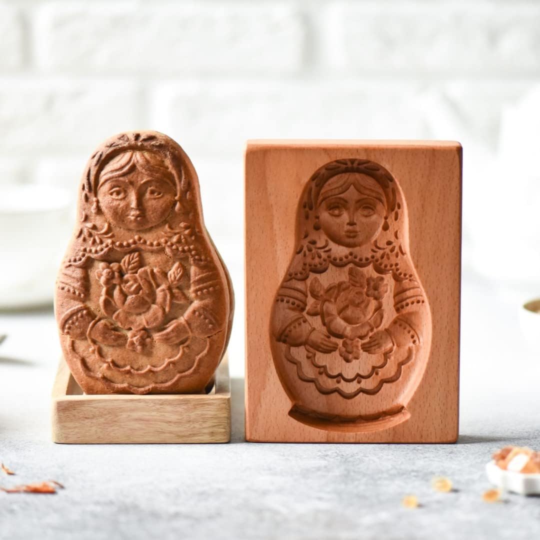 Wooden Cookie Molds, Wooden Cookie Biscuit Mold Baking Cookie Mold Wooden Carved Mold Cookie Cutter Embossing Mold, DIY Shapes Cookie Stamp,Gingerbread Mold,Pine Cone Mold (Doll)