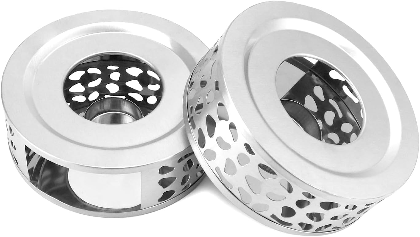 QWORK Tea Kettle Warmer, 4 Pack Brushed Stainless Steel Kettle, Hollow Frame, with Tea Candle Holder, Fits Most Teapots, Silver