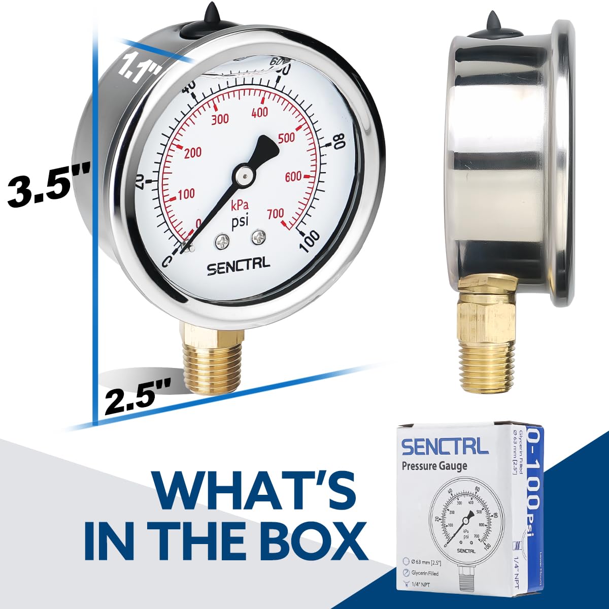 SENCTRL 0-100 Psi Glycerin Liquid Filled Low Pressure Gauge, 2.5" Dial Size, 1/4" NPT Lower Mount, Stainless Steel Case, for Water Pump, Pneumatic Air, Well, RV Hose, Tank, Gas Pressure Test