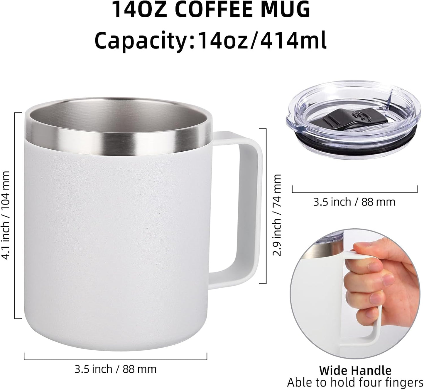 Volhoply 14oz Insulated Stainless Steel Coffee Mug with Lid Bulk 2 Pack,Double Wall Vacuum Travel Coffee Cup with Handle,Reusable Metal Cups Tumbler,Camping Mugs Keep Hot,Ideal Gifts(White,2)