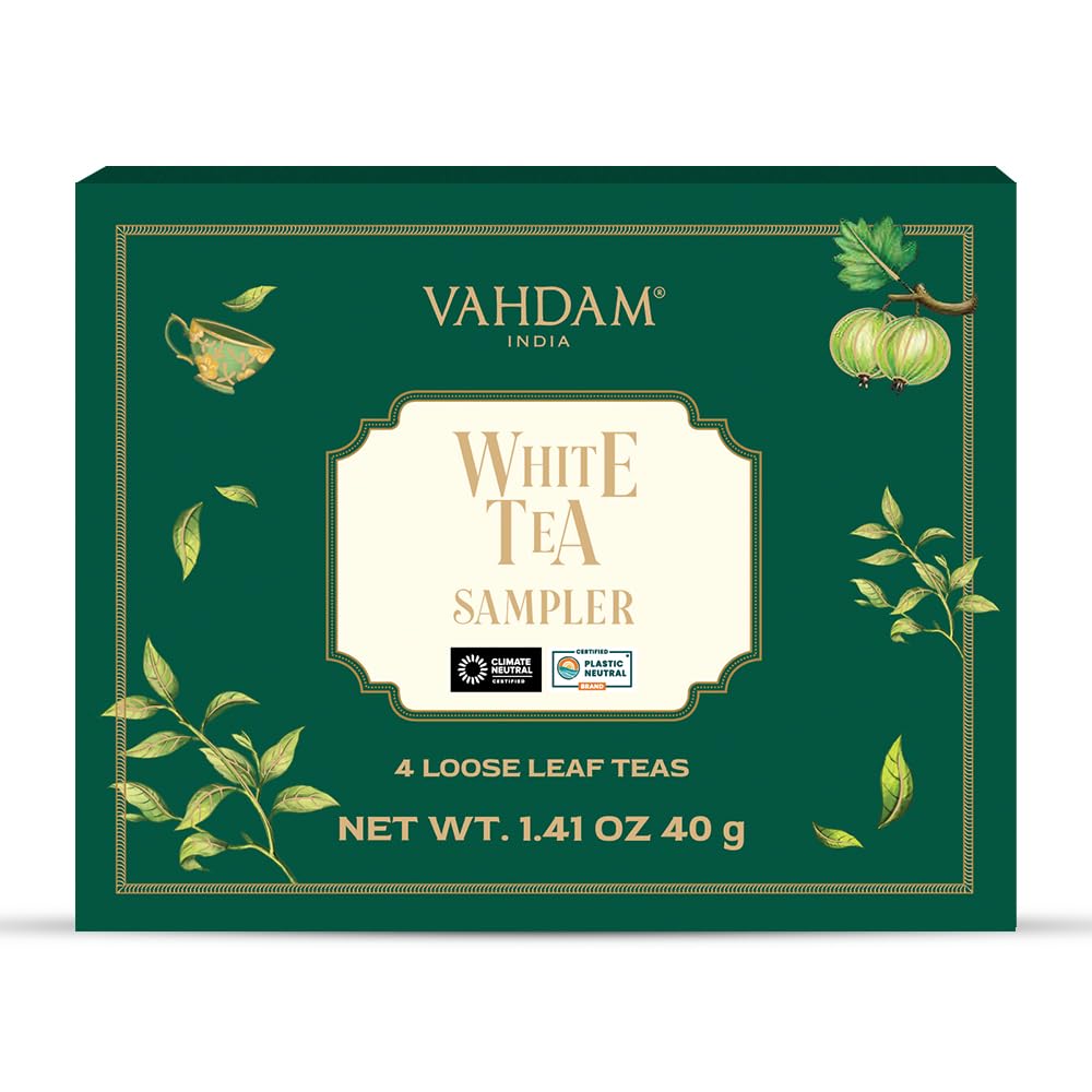 VAHDAM, Assorted White Tea Sampler Gift Set, Gluten Free, Non GMO - 4 Unblended White Loose Leaf Tea Sampler | Tea Variety Pack | Tea Gift Set, Gifts for Women & Men