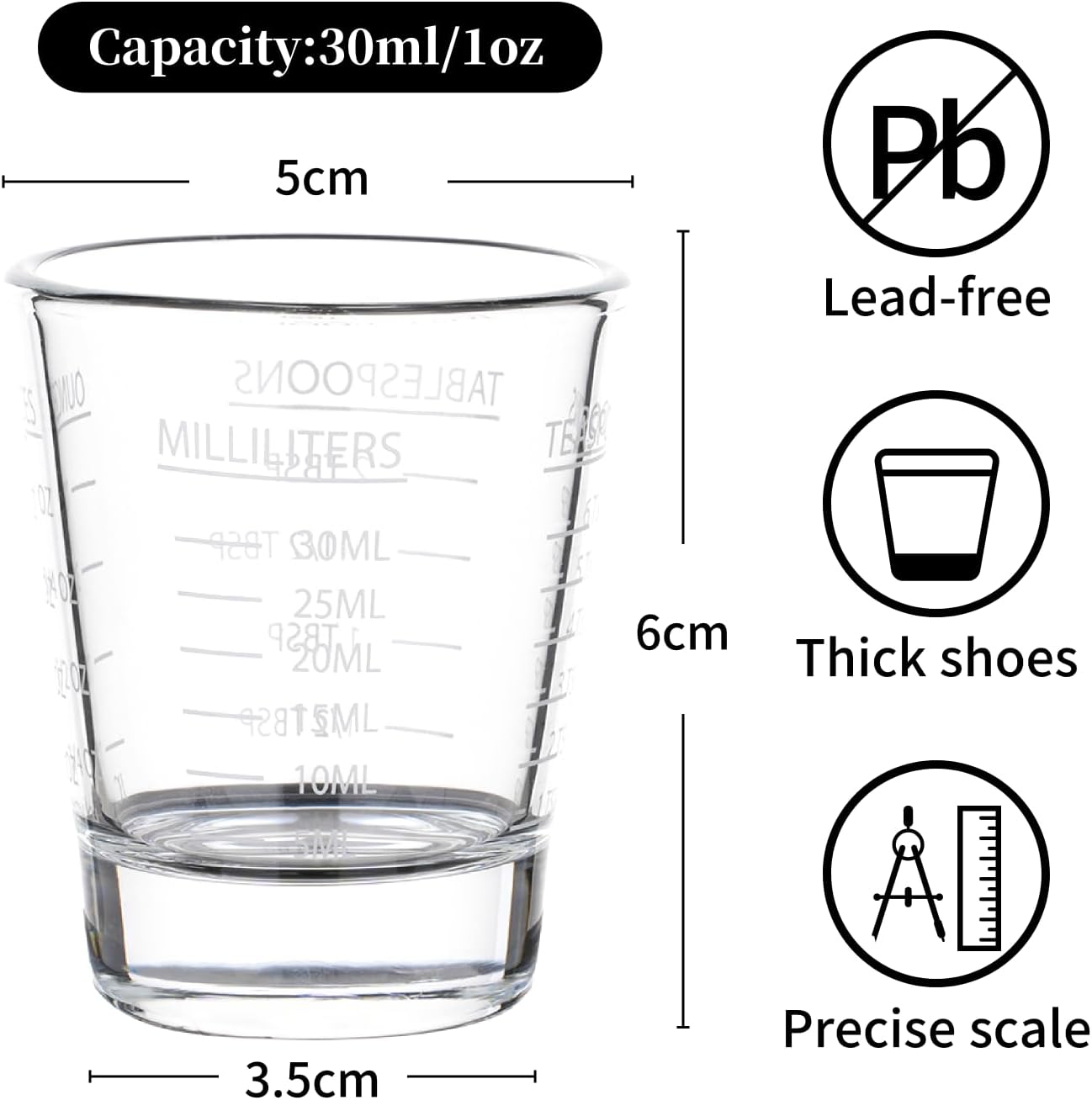 Shot Glasses Measuring cup Espresso Shot Glass Liquid Heavy Wine 2 Pack 26-Incremental Measurement 1oz, 6 Tsp, 2 Tbs, 30ml By BCnmviku (2pack-White)